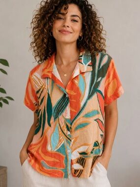 Vitamin A Linen Blend Tropical Button Up Shirt Orange Green Size Small